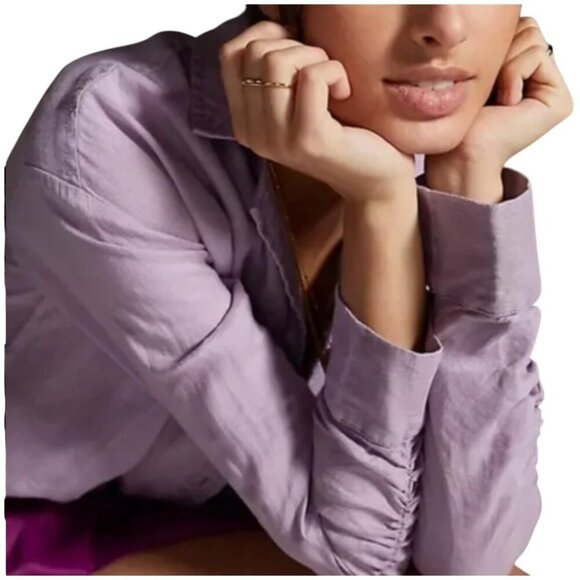 Anthropologie Maeve LILAC Linen Buttondown Ruched Sleeve Blouse I Size: XS - Picture 2 of 13